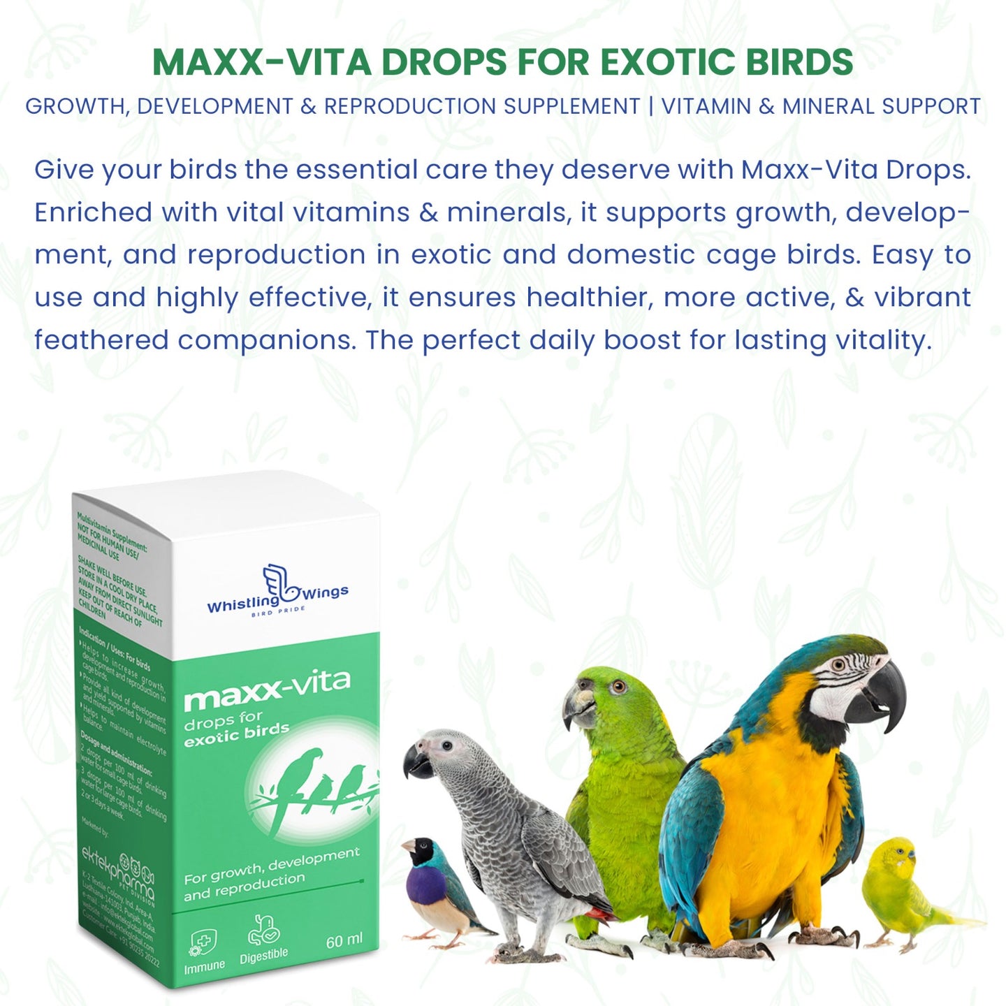 Maxx-Vita Drops for Exotic Birds 60 ML – Growth, Development & Reproduction Supplement | Ektek Global